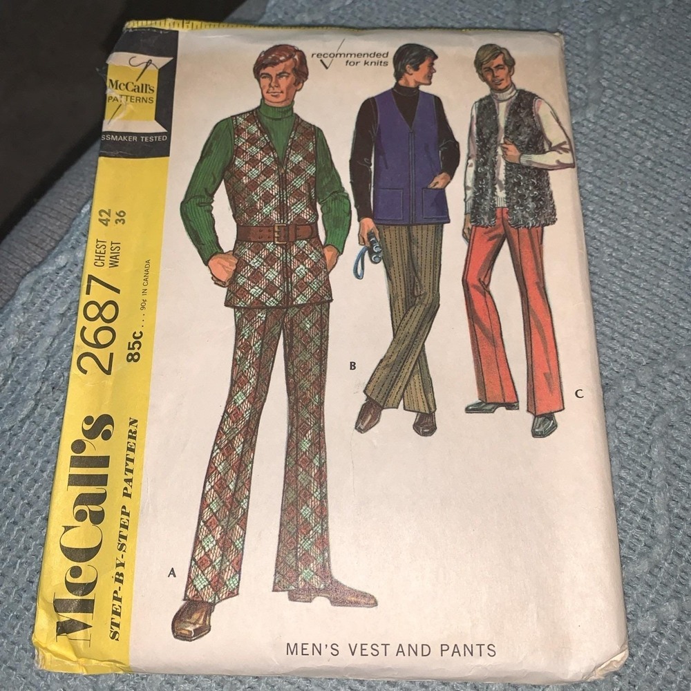 Vintage 70s McCalls 2687 Mens Sewing Pattern Chest 42 Waist 36 Pants Vest CUT